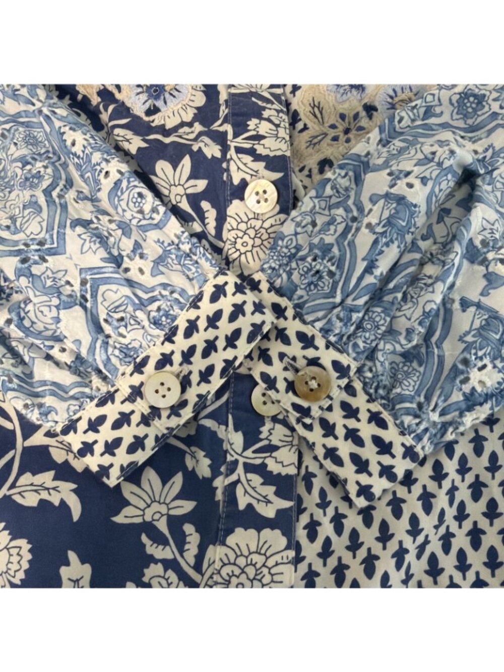 Soft Surroundings Patchwork Prairie Shirt Large Blue Floral Cottagecore Boho - Picture 11 of 11